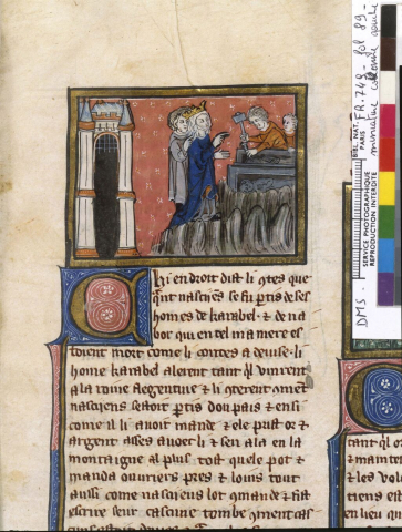 Fig. 2 : L’Estoire del Saint Graal, « Flegentine faisant élever les tours », Flandres, vers 1295-1305, ms. fr. 749 f. 89r°