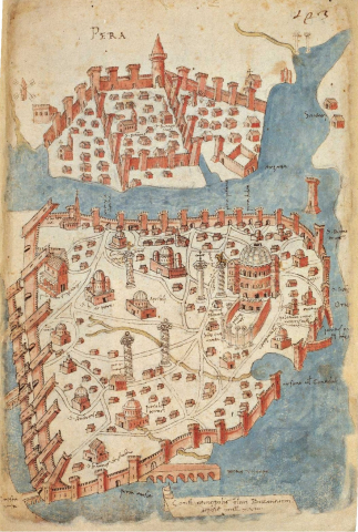 Fig. 13: The depiction of Constantinople by Buondelmonti (Buondelmonti, Liber insularum archipelagi, c. 1420). Biblioteca Nazionale Marciana, Ms. Lat. XIV.45 (=4595)