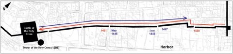 Fig. 5: Locations of the slabs documented on the coast of the Lagirio suburb and probable extents of the first construction and subsequent improvements along this course. Hasan Sercan Sağlam, 2020