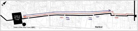Fig. 5: Locations of the slabs documented on the coast of the Lagirio suburb and probable extents of the first construction and subsequent improvements along this course. Hasan Sercan Sağlam, 2020