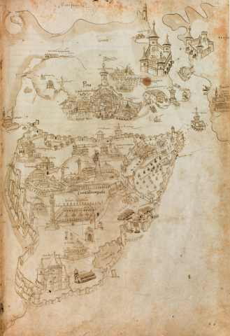 Fig. 14: The depiction of Constantinople by Buondelmonti (Buondelmonti, Liber insularum archipelagi, 1485–1490). Universitäts- und Landesbibliothek Düsseldorf, Ms. G 13, fol. 54r