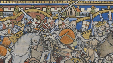 Figure 1 : Pierpont Morgan Library, New York, ms. 638, dite « Bible de Maciejowski » milieu du XIIIe siècle. Détail du folio 24v. L’épée centrale montre un motif de vaguelettes évoquant peut-être une ornementation. Source : www.themorgan.org