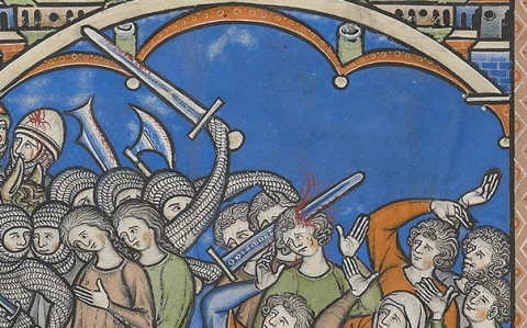 Fig. 2 : Pierpont Morgan Library, New York, ms. 638, dite « Bible de Maciejowski » milieu du XIIIe siècle. Détail du folio 34v. Plusieurs lames portent des inscriptions dans leur gorge. Source : www.themorgan.org