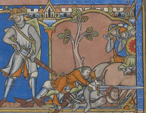 Fig. 3 : Pierpont Morgan Library, New York, ms. 638, dite « Bible de Maciejowski » milieu du XIIIe siècle. Détail du folio 28v. Le nom de Goliath est inscrit sur la lame de son épée. Source : www.themorgan.org
