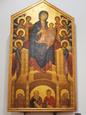 Fig. 2 : Florence (Italie), Musée des Offices : Cimabue, Vierge à l’Enfant avec huit anges et quatre prophètes (entre 12080 et 1300)